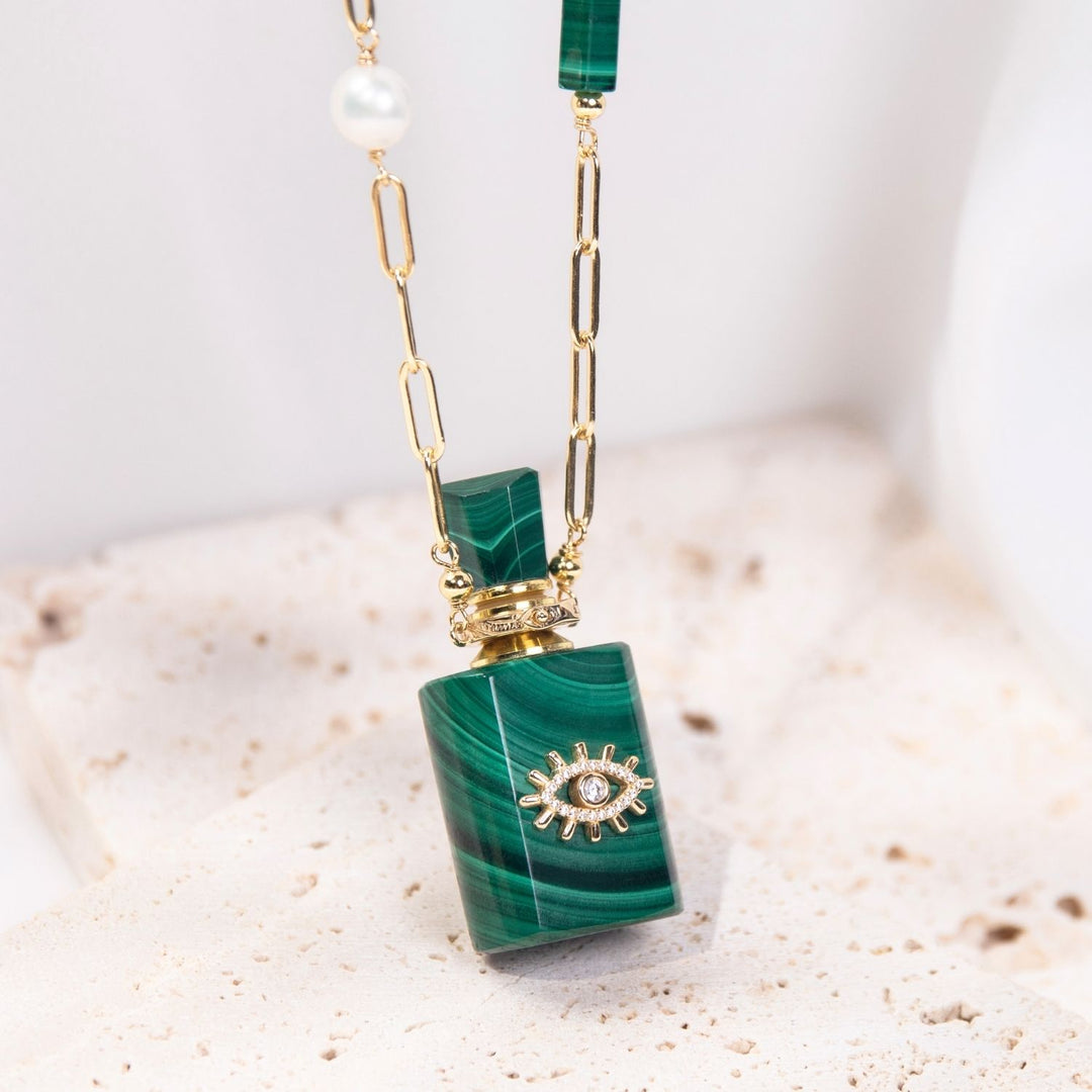 Aurora | Malachite Angel's Eye Cube Pendant Necklace